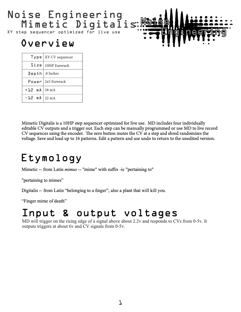 Page n°1 - Manuel utilisateur Noise Engineering Mimetic Digitalis