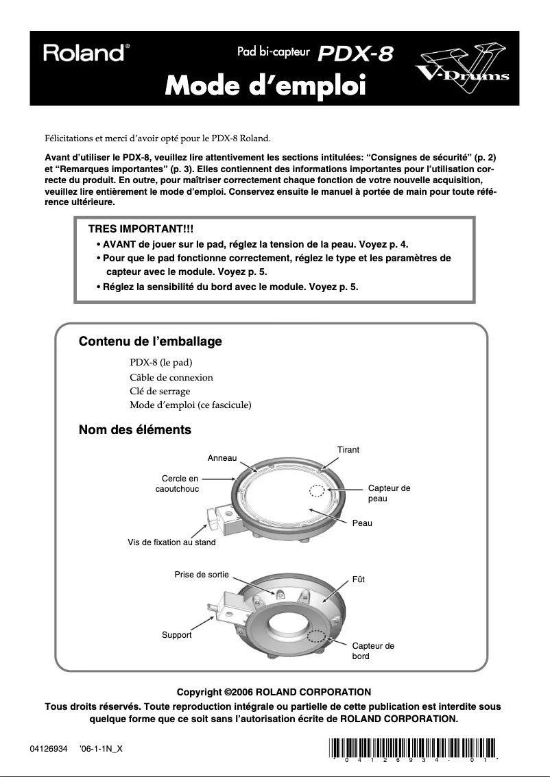 Page 1 de la notice Manuel utilisateur Roland PDX-8