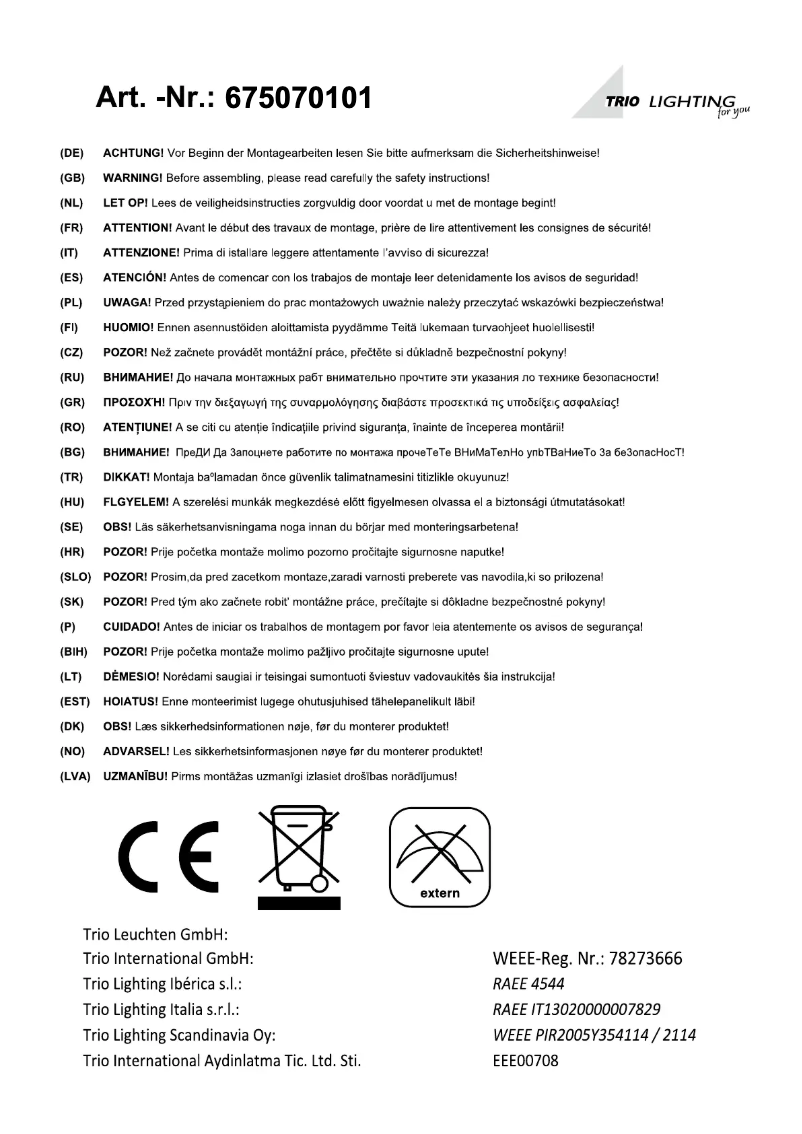 Page 1 de la notice Manuel utilisateur Trio Lighting Suzuka 675070101