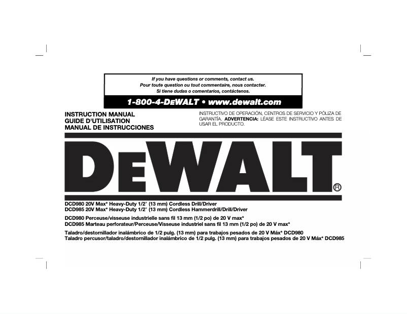 Page 1 de la notice Manuel utilisateur DeWalt DCD985B