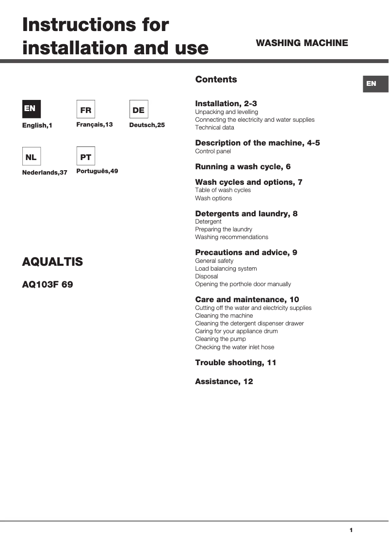 Page 1 de la notice Manuel utilisateur Hotpoint Ariston Aqualtis AQ103F 69 EU