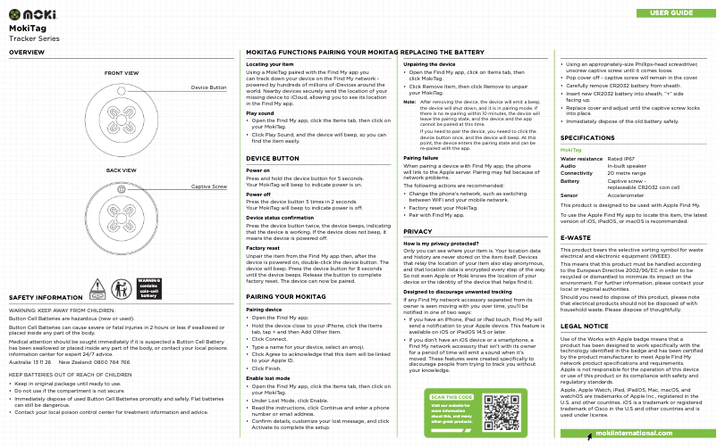 Page 1 de la notice Manuel utilisateur Moki Tag