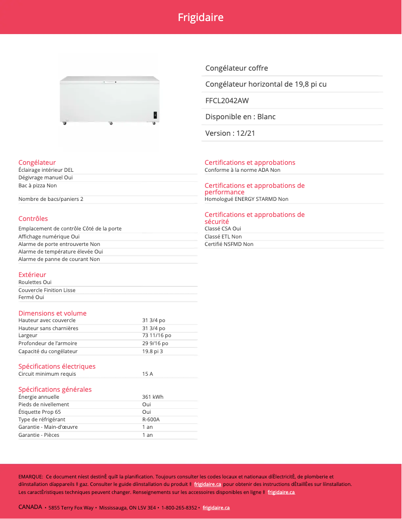 Page 1 de la notice Fiche technique Frigidaire FFCL2042AW