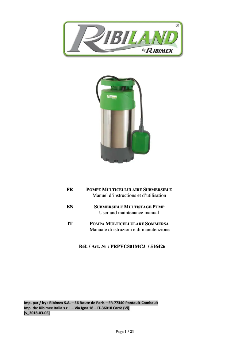 Page n°1 - Manuel utilisateur Ribimex Ribiland PRPVC801MC3