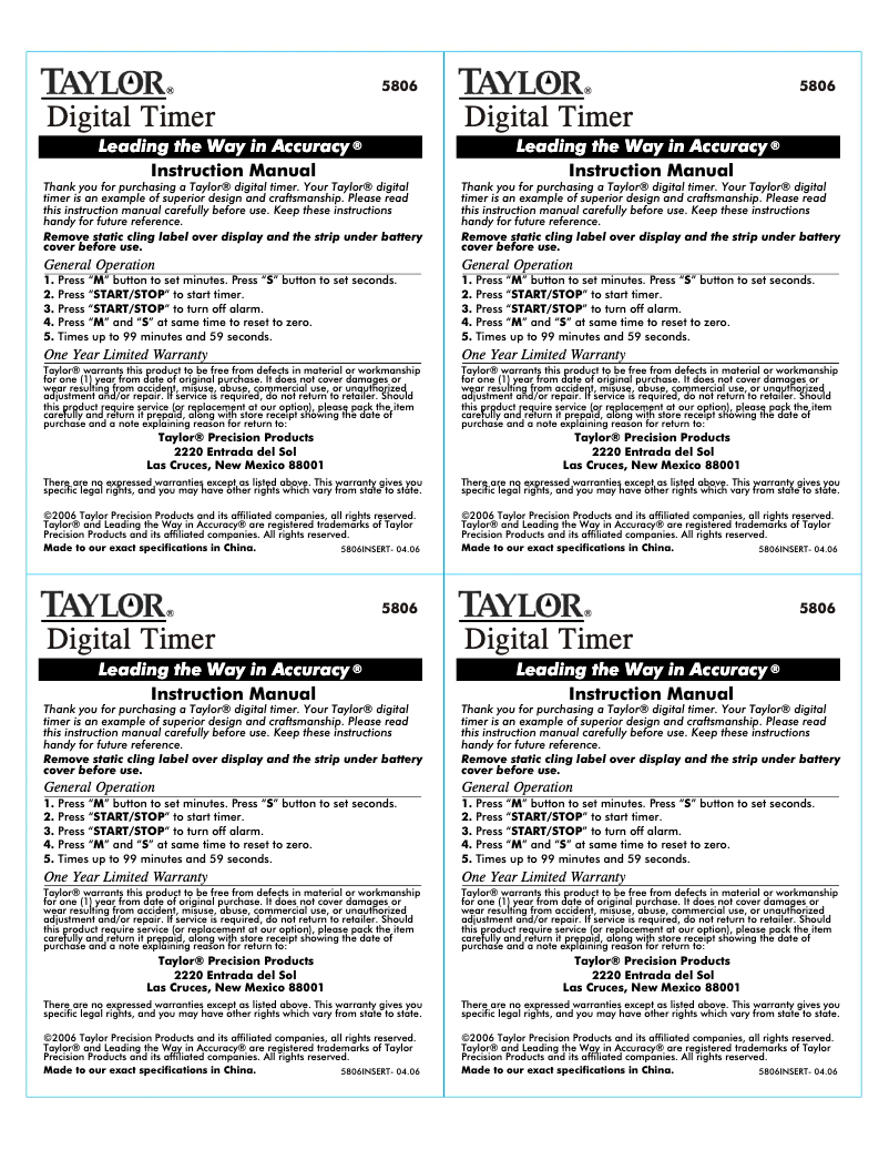 Page 1 de la notice Manuel utilisateur Taylor 5806