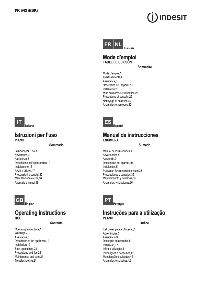 Page 1 de la notice Manuel utilisateur Indesit PR 642 /I