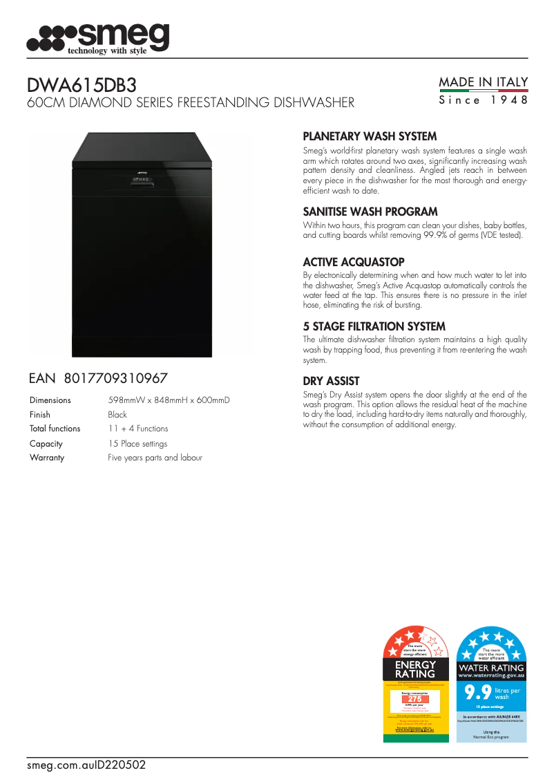 Page n°1 - Fiche technique Smeg DWA615DB3