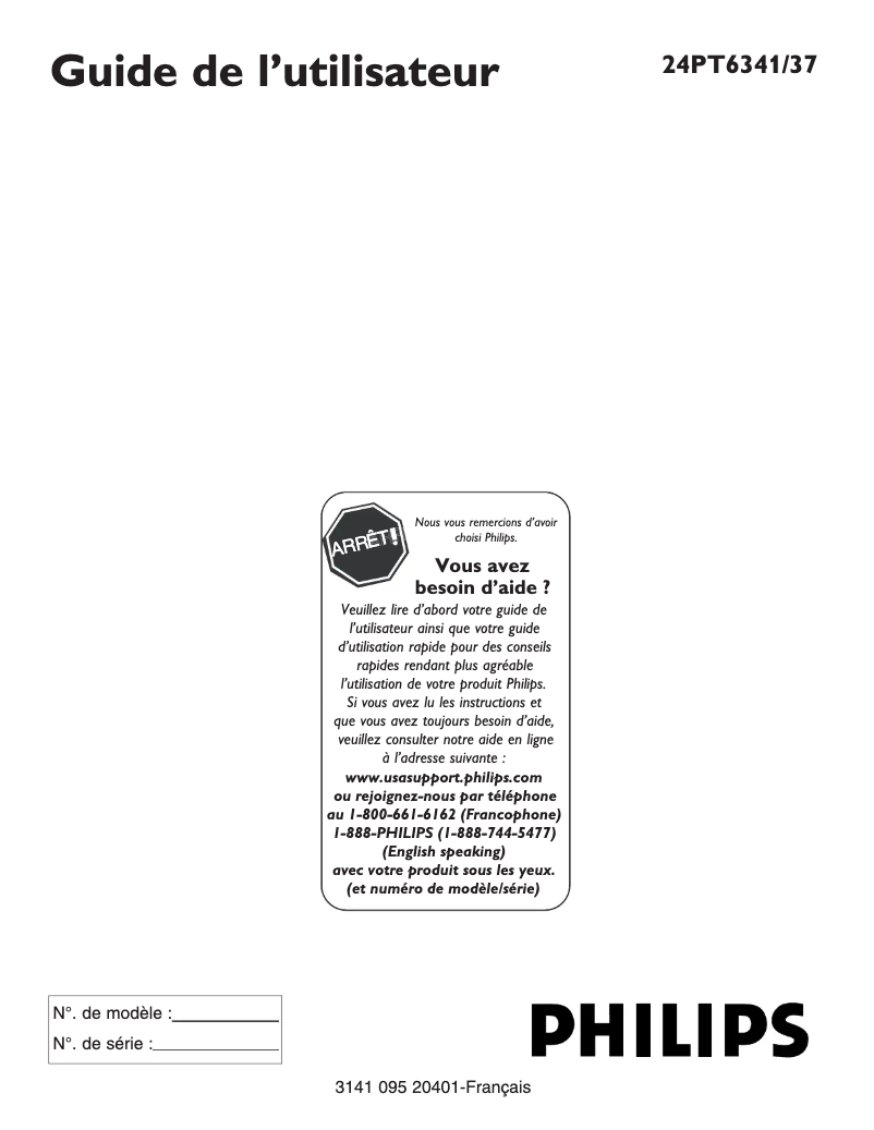Page 1 de la notice Manuel utilisateur Philips 24PT6341