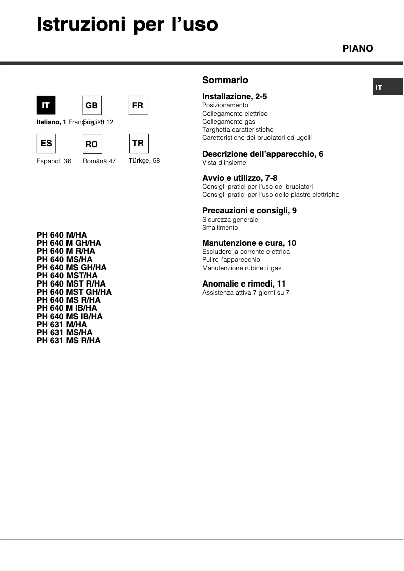 Page 1 de la notice Manuel utilisateur Hotpoint Ariston PH 631MS (IX)/HA