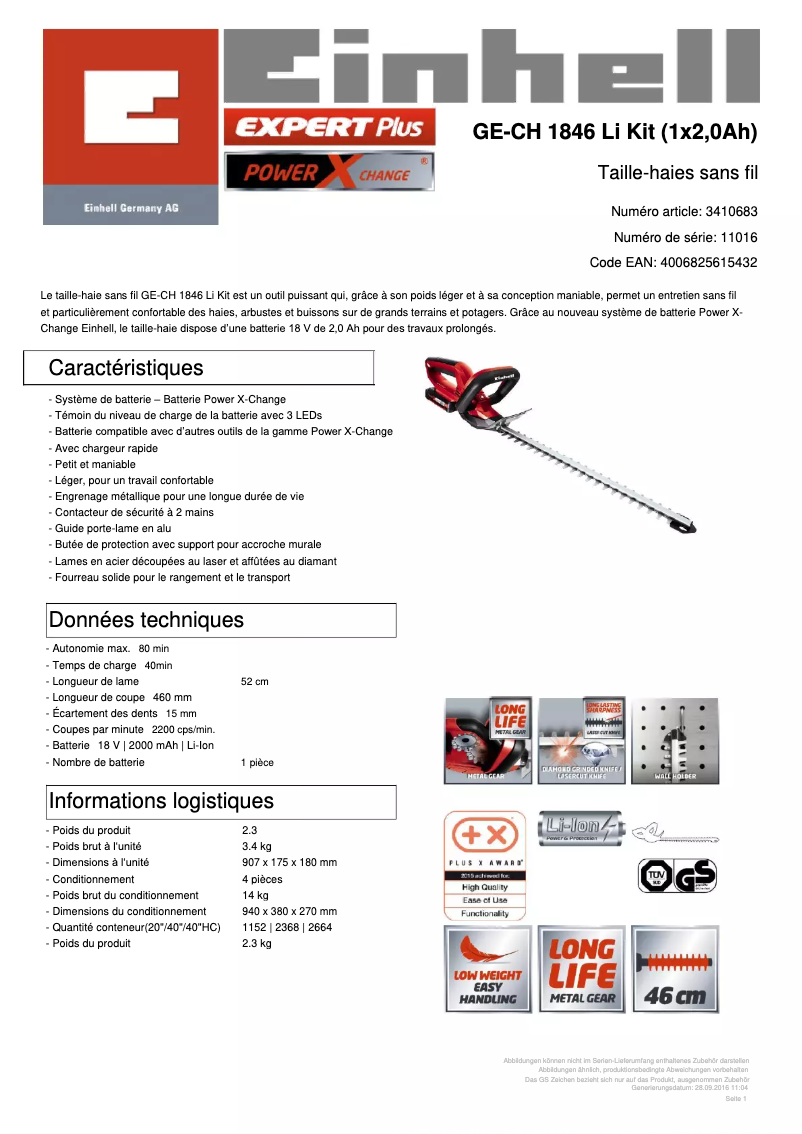 Page 1 de la notice Fiche technique Einhell GC-CH 1846 Li Kit