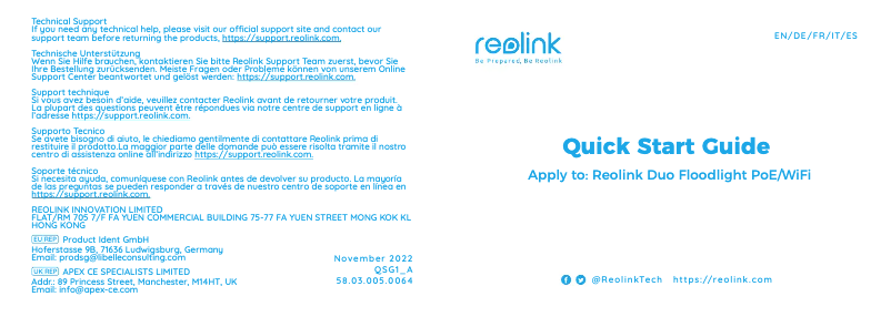 Page 1 de la notice Manuel utilisateur Reolink Duo Floodlight WiFi