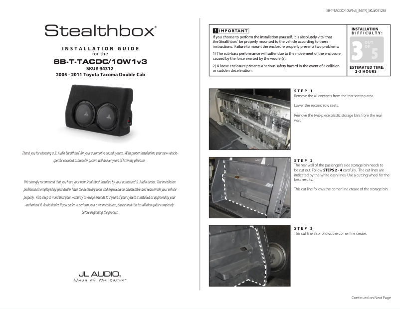 Página 1 del manual Manual de usuario JL Audio Stealthbox SB-T-TACDC/10W1v3