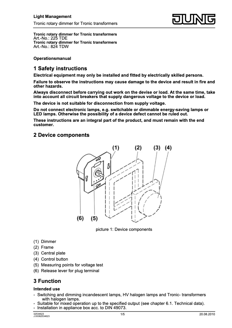 Page 1 de la notice Manuel utilisateur JUNG 824TDW