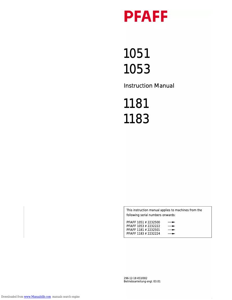 Page 1 de la notice Manuel utilisateur Pfaff 1181