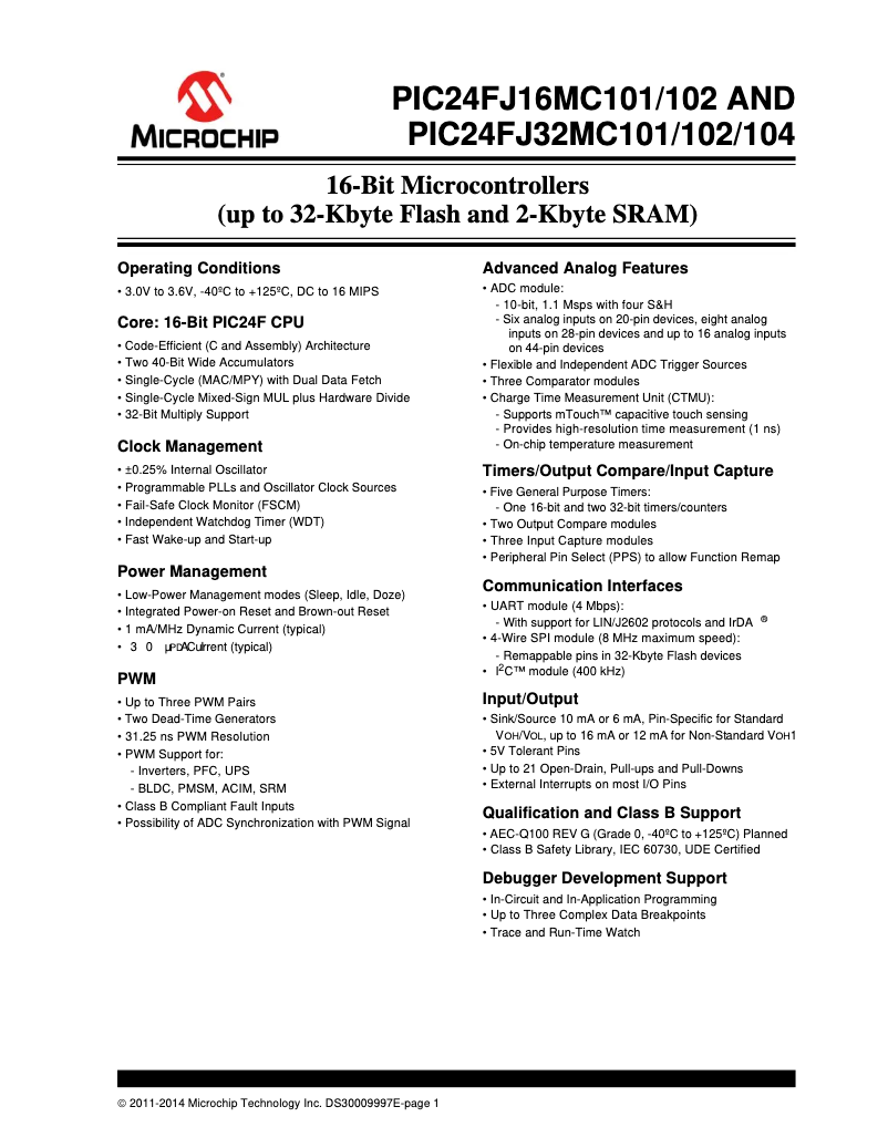 Página 1 del manual Ficha técnica Microchip PIC24FJ16MC101