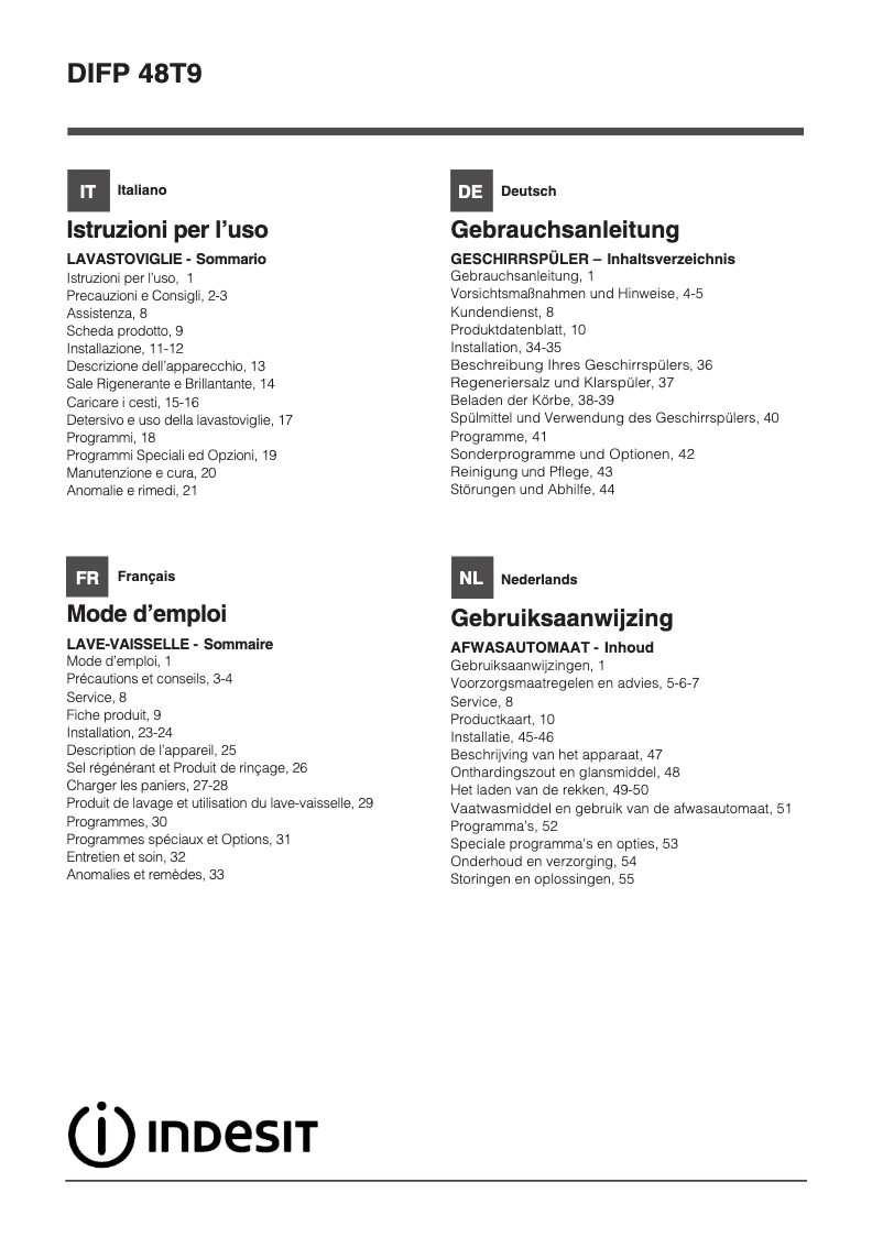 Page 1 de la notice Manuel utilisateur Indesit DIFP 48T9 AL EU