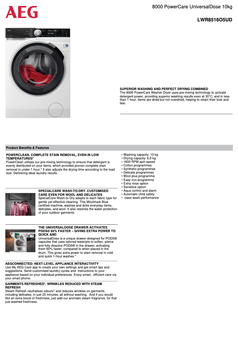Page 1 de la notice Fiche technique AEG LWR8516O5UD