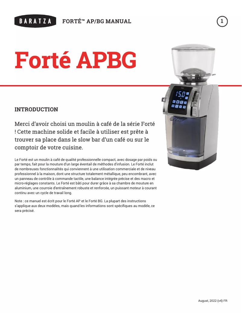 Page n°1 - Manuel utilisateur Baratza Forté AP