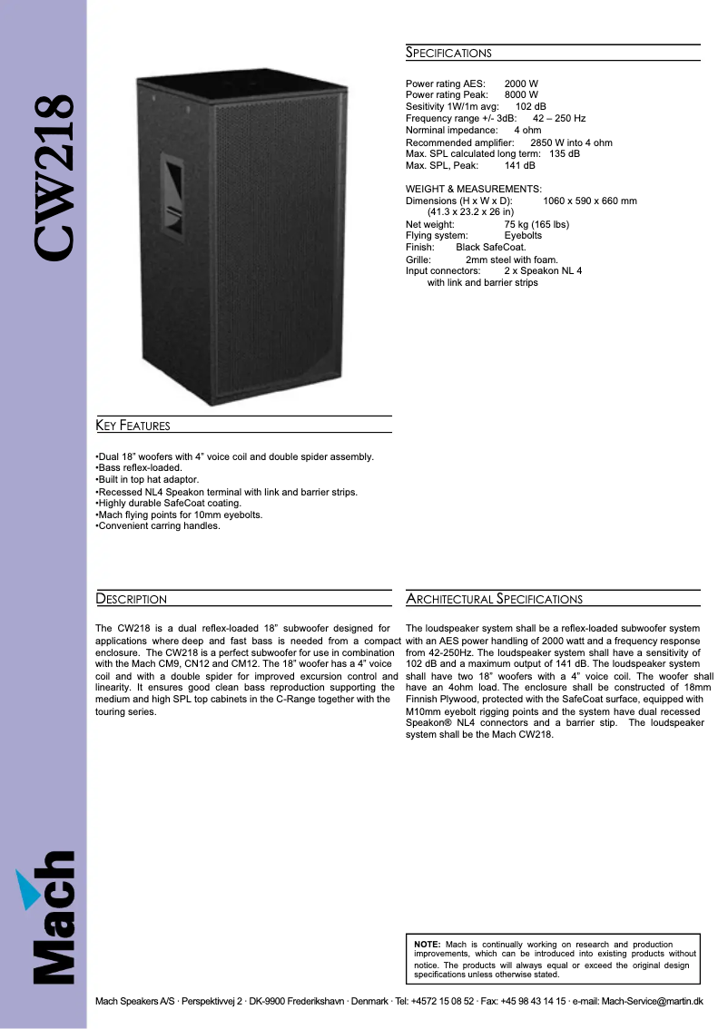 Page 1 de la notice Fiche technique Martin Mach CW218