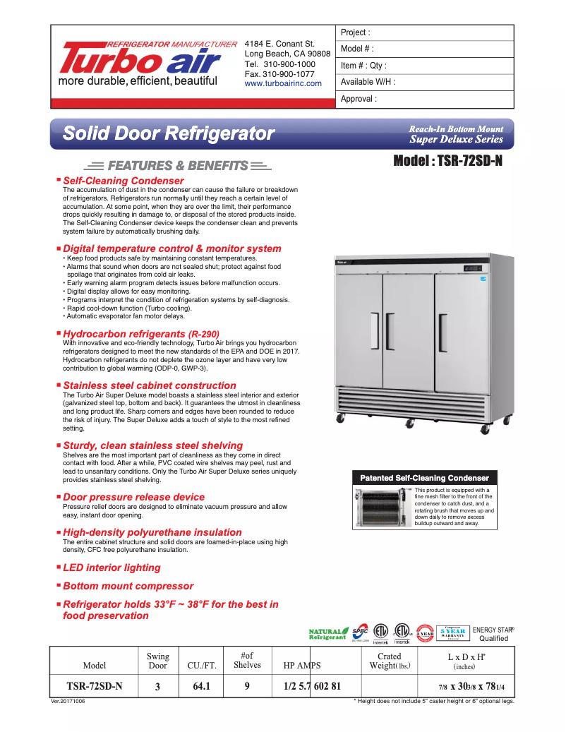 Page 1 de la notice Fiche technique Turbo air TSR-72SD