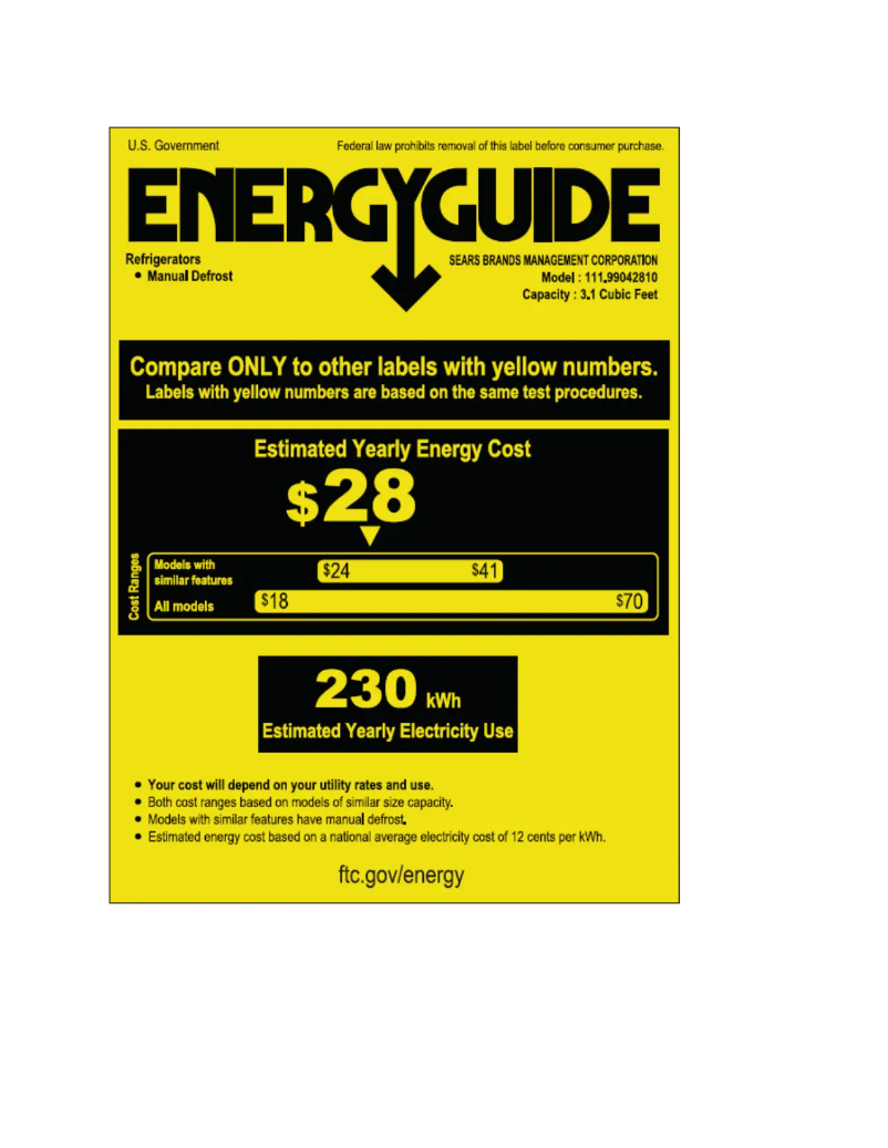 Page 1 de la notice Label énergétique Kenmore 99042