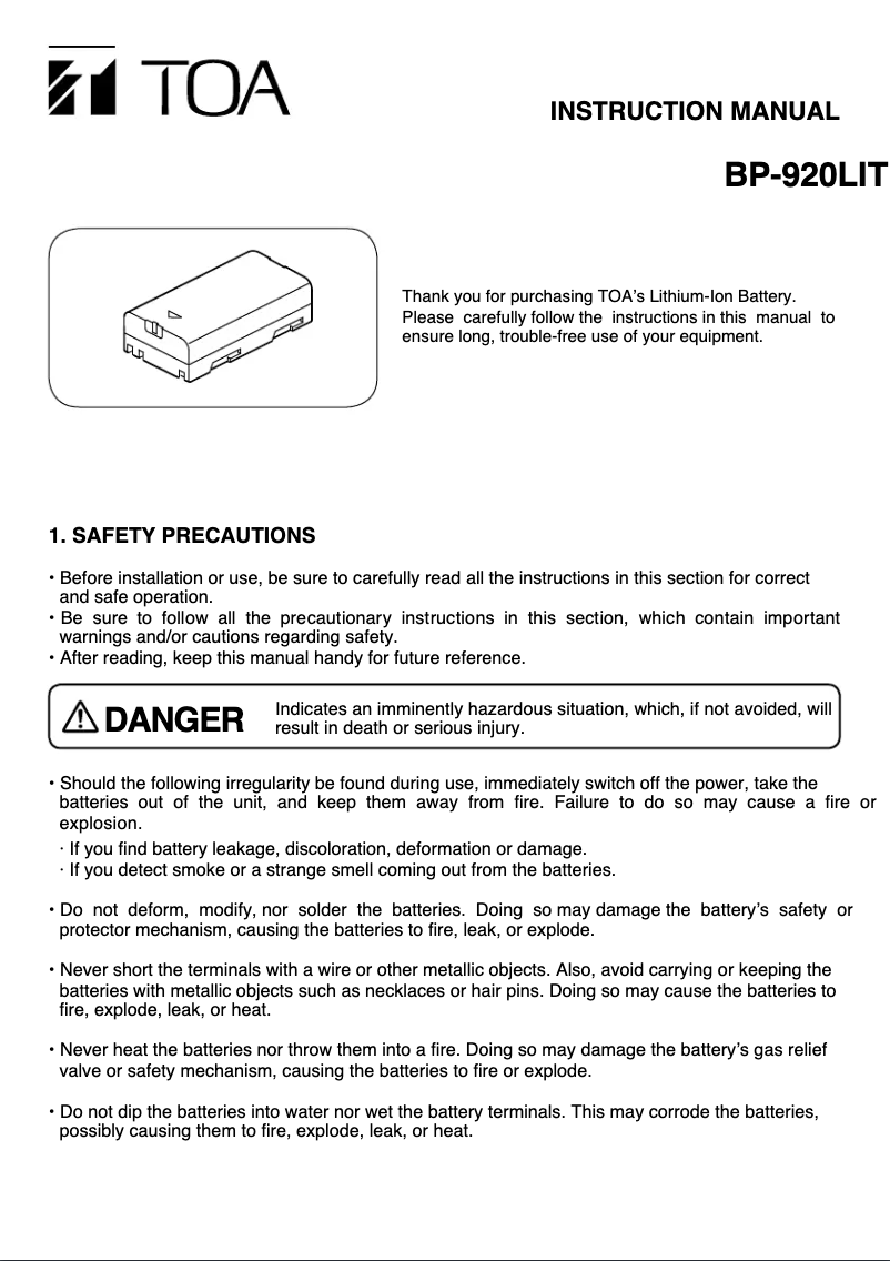 Page 1 de la notice Manuel utilisateur TOA BP-920A
