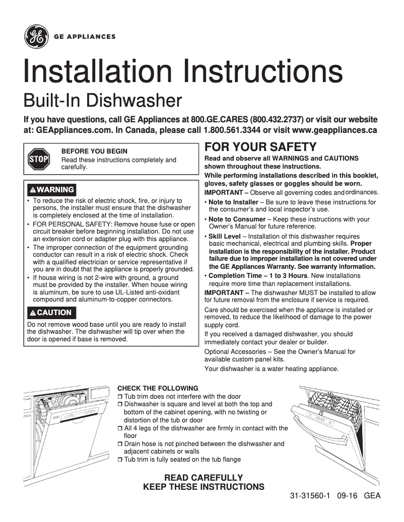 Page 1 de la notice Guide d'installation GE Adora DDT595SGJBB