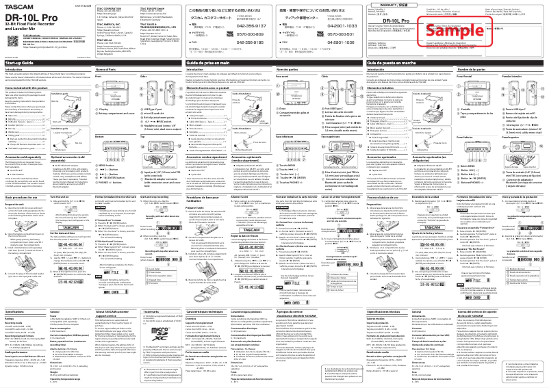 Página 1 del manual Guía de inicio rápido Tascam DR-10L Pro