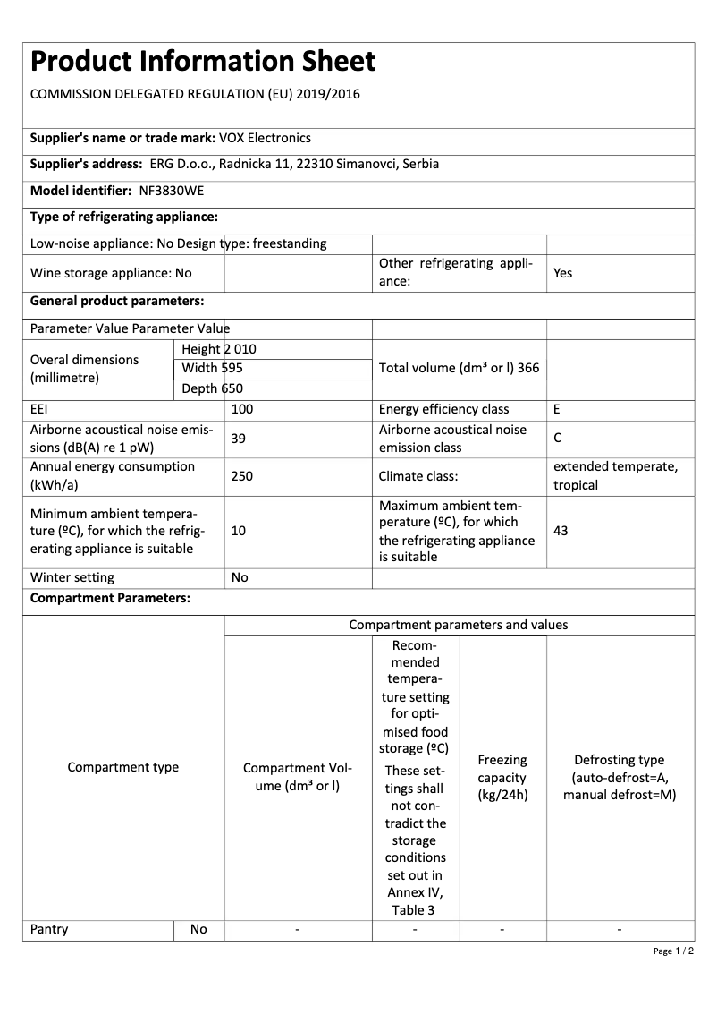 Page 1 de la notice Fiche technique VOX NF 3830 WE