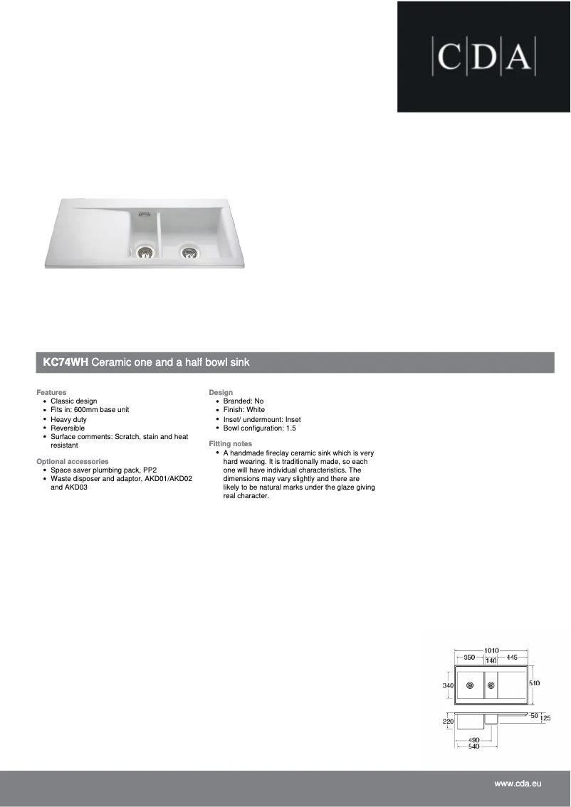 Page n°1 - Fiche technique CDA KC74WH