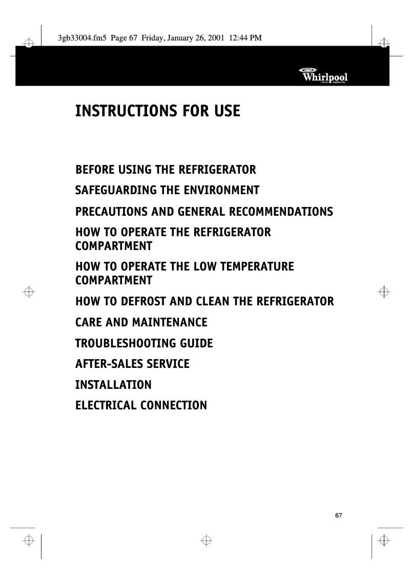 Page 1 de la notice Manuel utilisateur Whirlpool ARZ 121