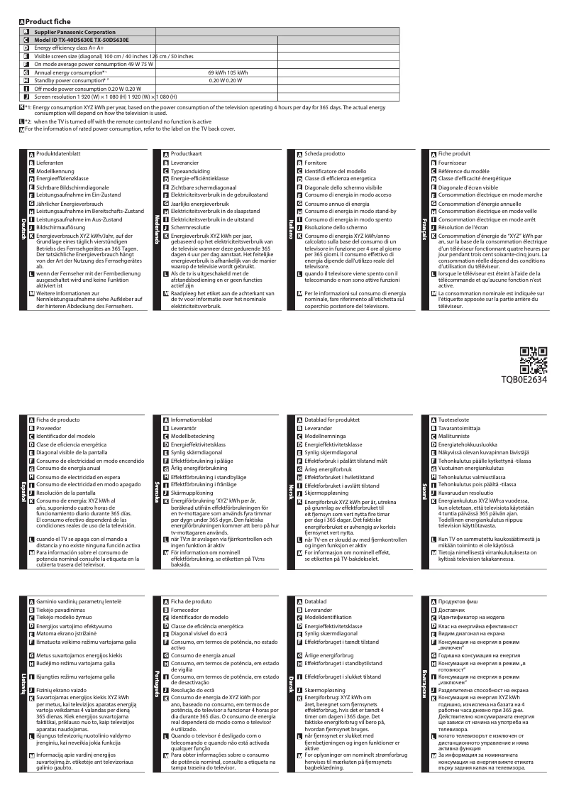 Página 1 del manual Ficha técnica Panasonic TX-40DS630E