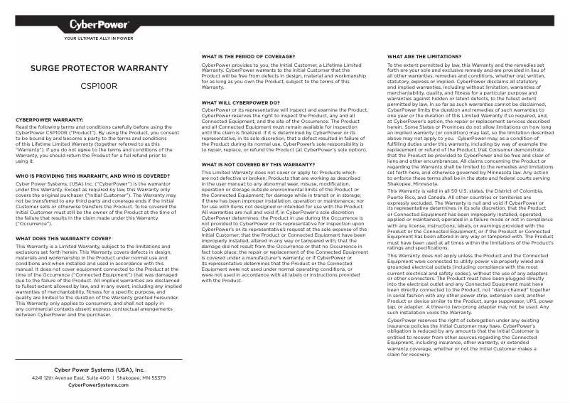 Page 1 de la notice Informations de garantie CyberPower Professional CSP100R