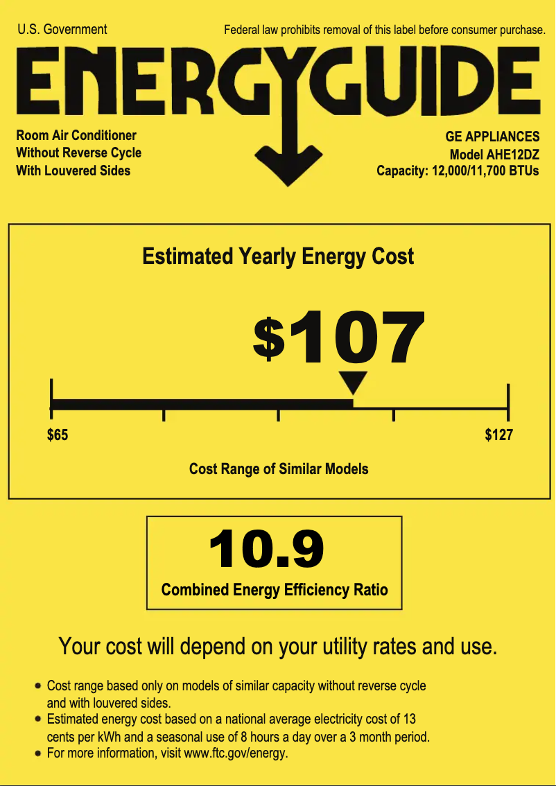 Page 1 de la notice Label énergétique GE AHE12DZ