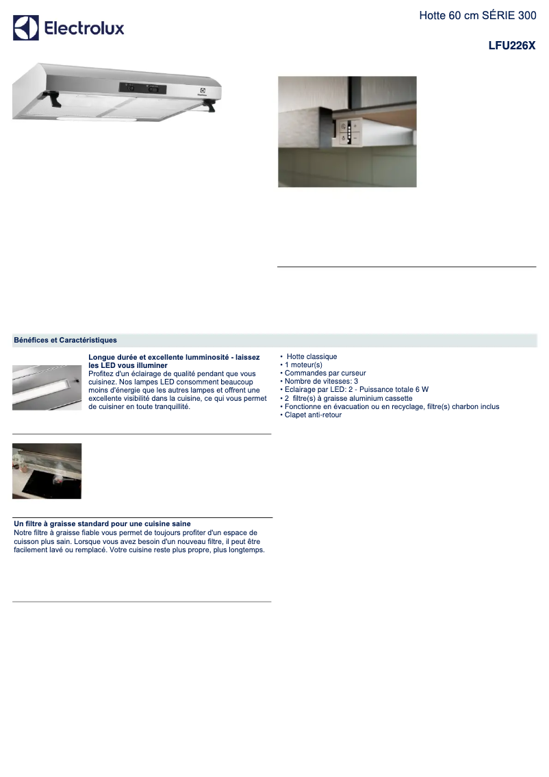 Page 1 de la notice Fiche technique Electrolux LFU226X