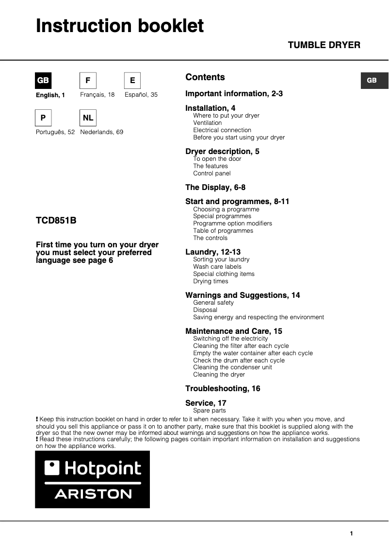 Page n°1 - Manuel utilisateur Hotpoint TCD 851 XB K EU