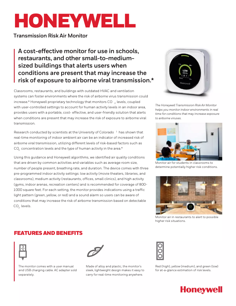 Page 1 de la notice Fiche technique Honeywell HTRAM-V2-W