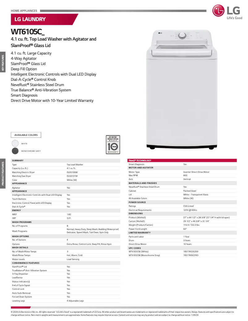 Page 1 of the manual Technical Sheet LG WT6105CM