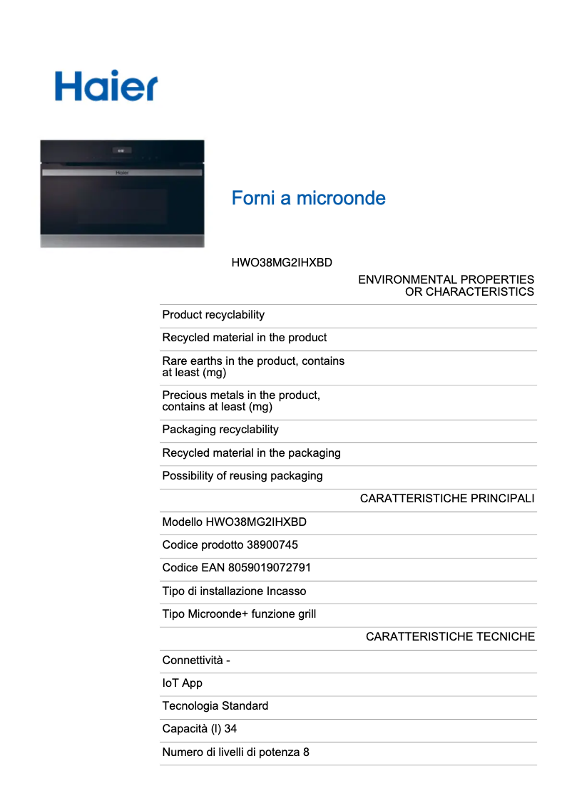 Page 1 de la notice Fiche technique Haier HWO38MG2IHXBD