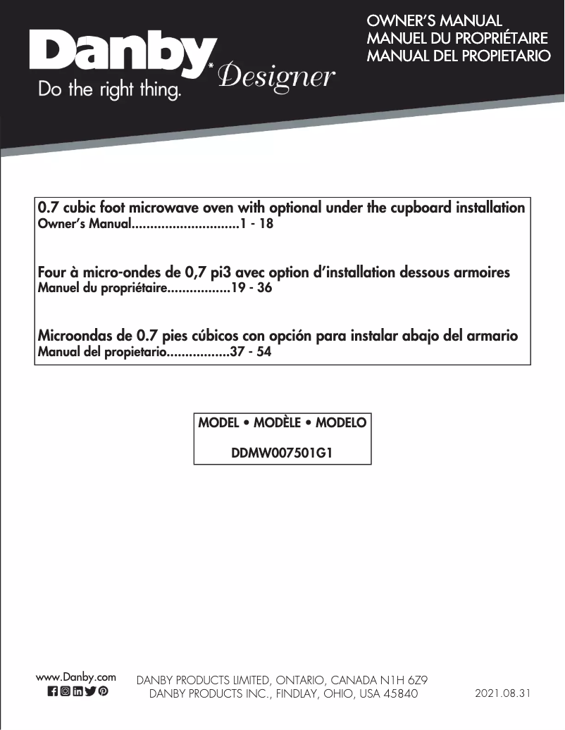 Page n°1 - Manuel utilisateur Danby DDMW007501G1