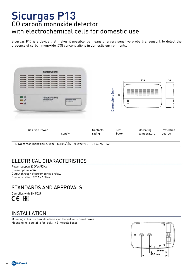 Page 1 de la notice Fiche technique Fantini Cosmi Sicurgas P13