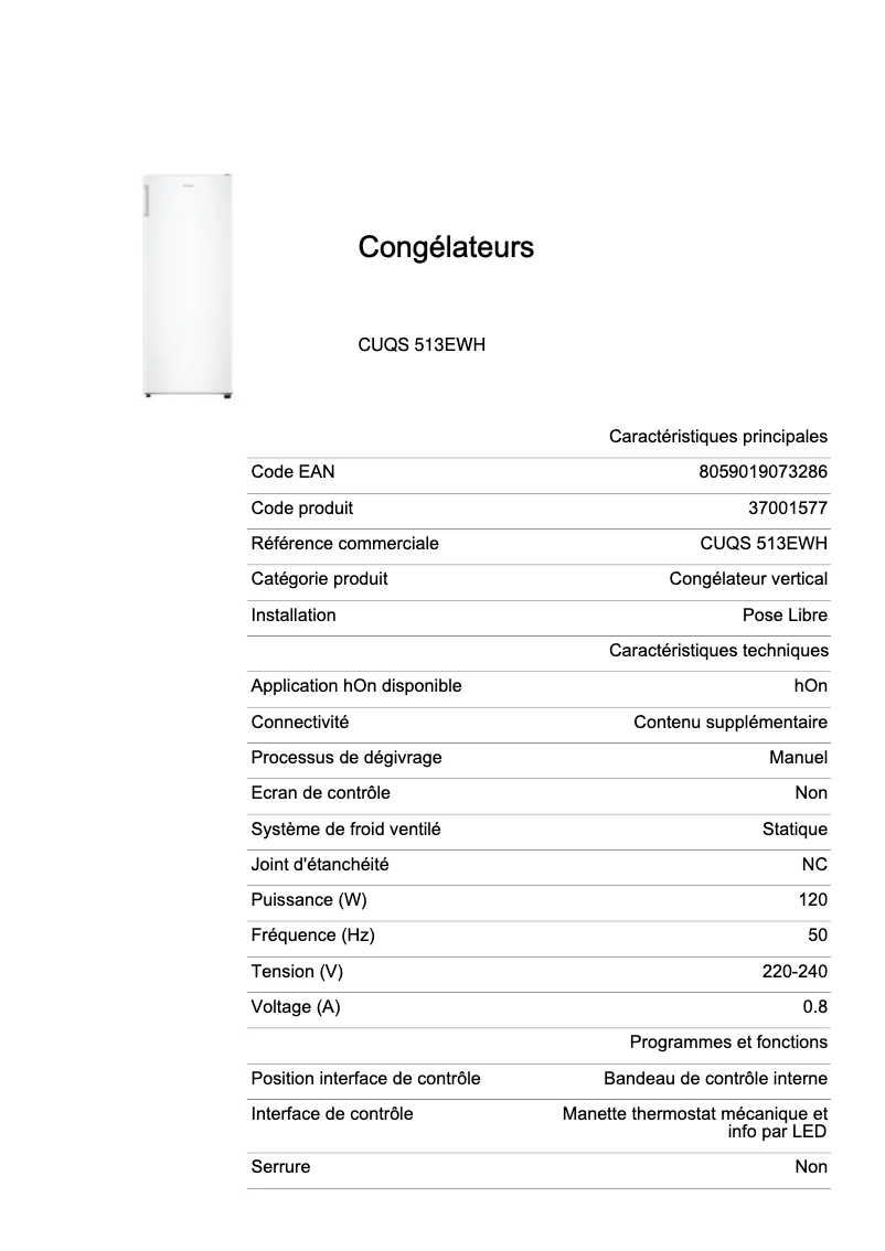 Page n°1 - Fiche technique Candy CUQS 513EWH
