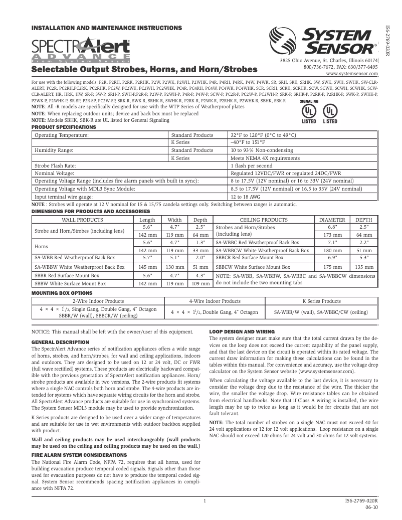 Page n°1 - Manuel utilisateur System Sensor P2R-SP