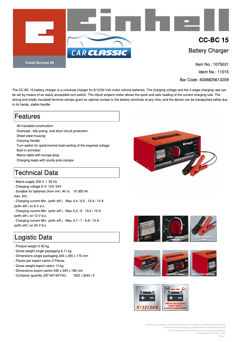 Page 1 de la notice Fiche technique Einhell CC-BC 15