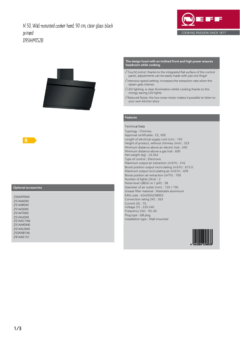 Page 1 de la notice Fiche technique Neff D95IHM1S2B