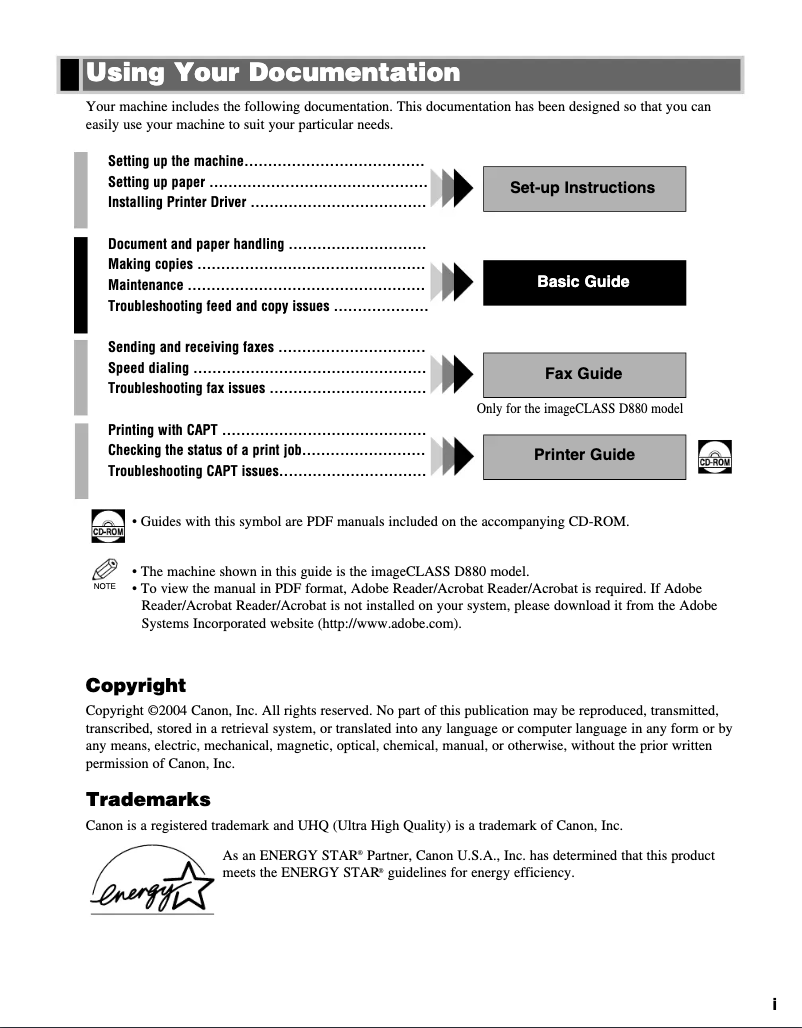 Page 1 de la notice Manuel utilisateur Canon imageCLASS D860