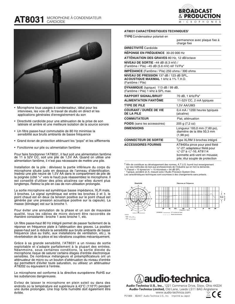 Page n°1 - Fiche technique Audio-Technica AT8031