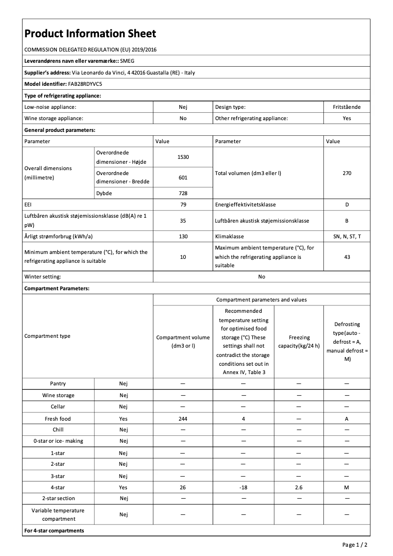 Page n°1 - Fiche technique Smeg FAB28RDYVC5