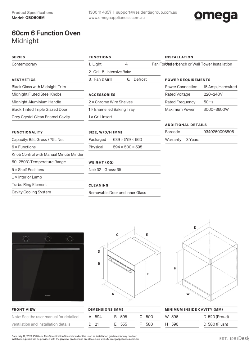 Page n°1 - Fiche technique Omega OBO606M