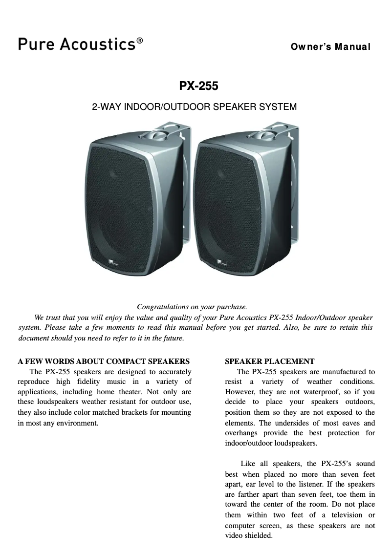 Page 1 de la notice Manuel utilisateur Pure Acoustics PX 255